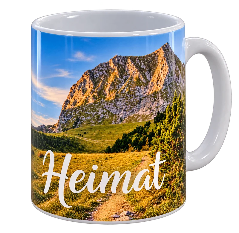 Tasse mit Berglandschaft und Schriftzug Heimat