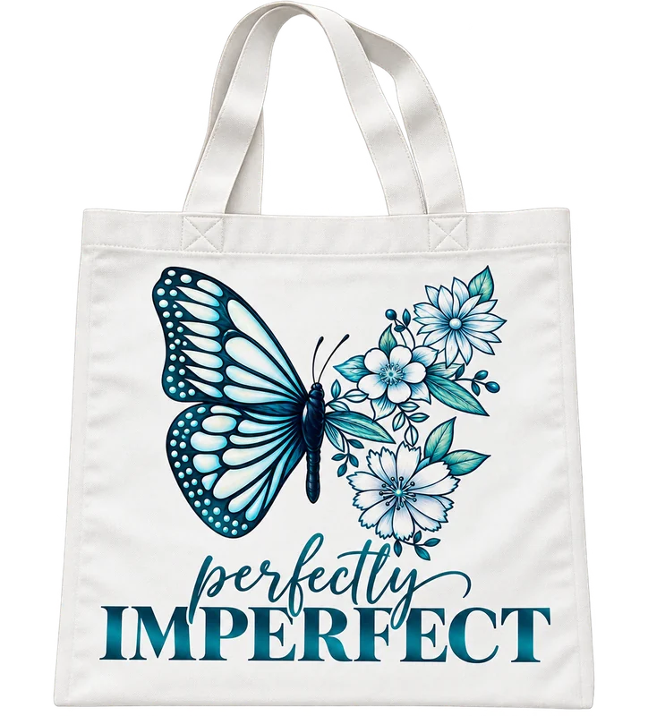 Stofftasche mit einem türkisen Schmetterling und Blumenmotiv